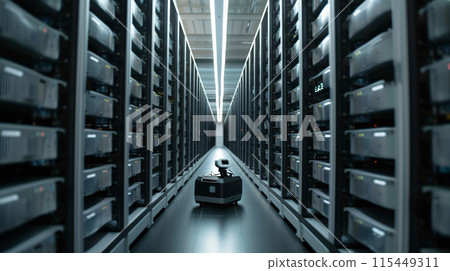 a server room, with rows of servers where humanoid and non humanoid robot performing maintenance. 115449311
