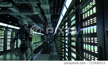 a server room, with rows of servers where humanoid and non humanoid robot performing maintenance. 115449312