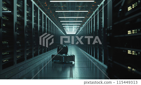 a server room, with rows of servers where humanoid and non humanoid robot performing maintenance. a server room, with rows of servers where humanoid and non humanoid robot performing maintenance. 115449313