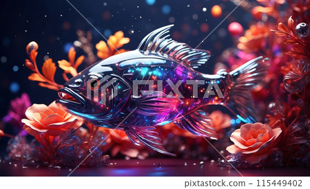 Colorful and shiny fish surrounded by flowers in a fantastical scene. Generative AI. Colorful and shiny fish surrounded by flowers in a fantastical scene. Generative AI. 115449402