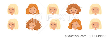 Little Girl Character Face with Short Haircut Emotion Vector Set 115449438