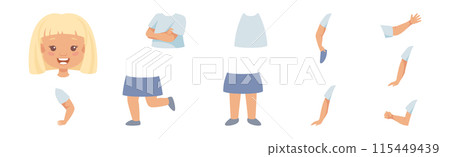 Little Girl Character Constructor with Body Parts and Face Emotion Vector Set 115449439