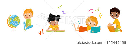 Cute School Boy and Girl Learn Lesson Vector Set 115449466