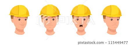 Man Builder Character Head in Yellow Hard Hat and Face Expression Vector Set 115449477