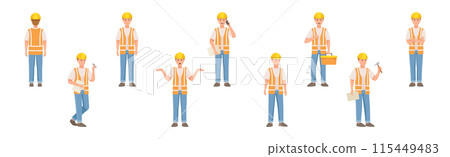 Man Builder Character in Hard Hat and Vest in Different Pose and Gesture Vector Set Man Builder Character in Hard Hat and Vest in Different Pose and Gesture Vector Set 115449483
