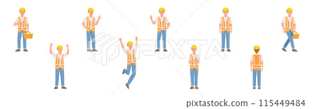 Man Builder Character in Hard Hat and Vest in Different Pose and Gesture Vector Set Man Builder Character in Hard Hat and Vest in Different Pose and Gesture Vector Set 115449484