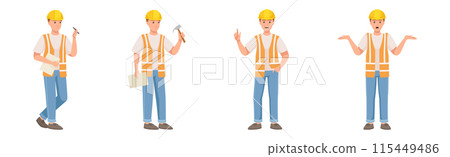 Man Builder Character in Hard Hat and Vest in Different Pose and Gesture Vector Set 115449486