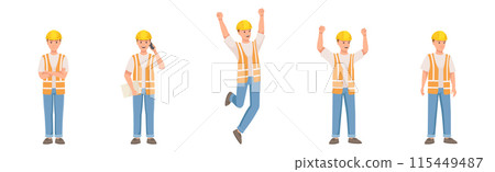 Man Builder Character in Hard Hat and Vest in Different Pose and Gesture Vector Set 115449487