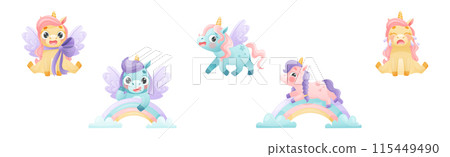 Cute Unicorn with Twisted Horn and Mane Engaged in Different Activity Vector Set 115449490