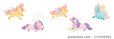 Cute Unicorn with Twisted Horn and Mane Engaged in Different Activity Vector Set 115449491