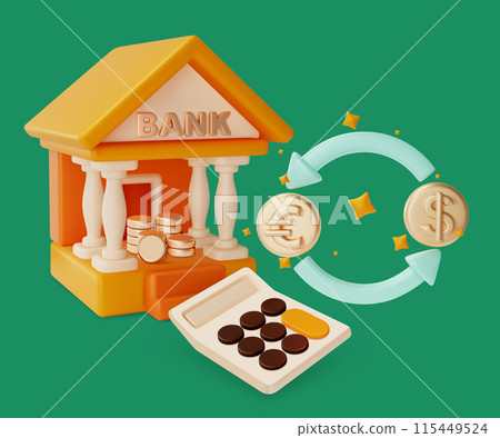 3d Financial and Banking Services Concept Cartoon Design Style. Vector illustration of Bank Building, Gold Coins, Calculator and Currency Exchange Sign 3d Financial and Banking Services Concept Cartoon Design Style. Vector illustration of Bank Building, Gold Coins, Calculator and Currency Exchange Sign 115449524