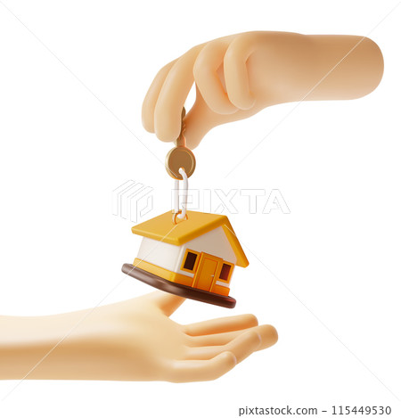 3d Hand Putting House Keychain in Other Hand House Credit Concept Cartoon Design Style. Vector illustration 115449530