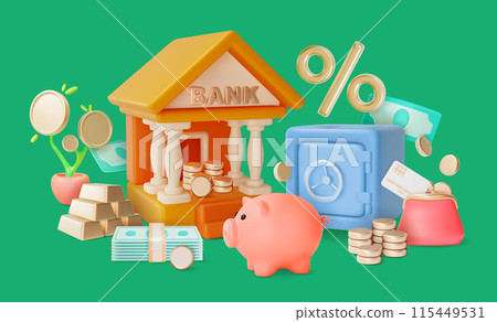 3d Growth of Deposit Concept Background Cartoon Design Style. Vector illustration of Bank Building, Safe Deposit and Piggy 3d Growth of Deposit Concept Background Cartoon Design Style. Vector illustration of Bank Building, Safe Deposit and Piggy 115449531