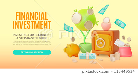 3d Financial Investment Investing for Beginners Guide Concept Ads Banner Poster Card. Vector illustration of Safe Deposit and Purse Wallet 115449534