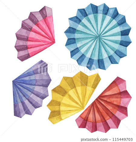 Fiesta flowers set in watercolor. Colorful paper fans for Cinco de Mayo decoration. Celebration designs for packaging, printing, cards, posters. Clip arts isolated on white background. 115449703