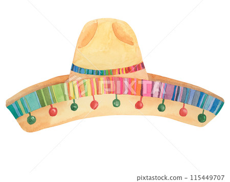 Traditional Mexican sombrero in watercolor. Colorful and bright ethnic straw hat with border. Watercolor clipart isolated on white background. Design for printing, postcards, Cinco de Mayo, tourism 115449707