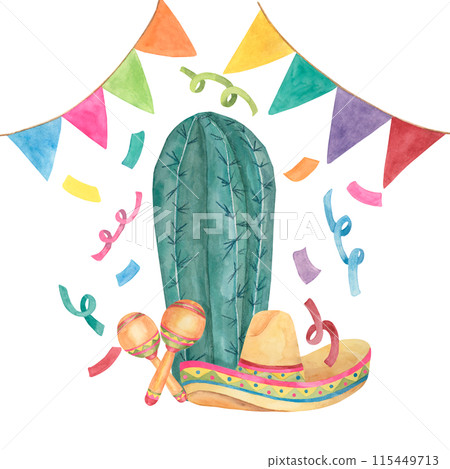 Cactus with sombrero, confetti and maracas. Watercolor illustration of succulent in a hat with music instruments for Cinco de Mayo holiday. Clipart for printing, packaging, design isolated on white. Cactus with sombrero, confetti and maracas. Watercolor illustration of succulent in a hat with music instruments for Cinco de Mayo holiday. Clipart for printing, packaging, design isolated on white. 115449713