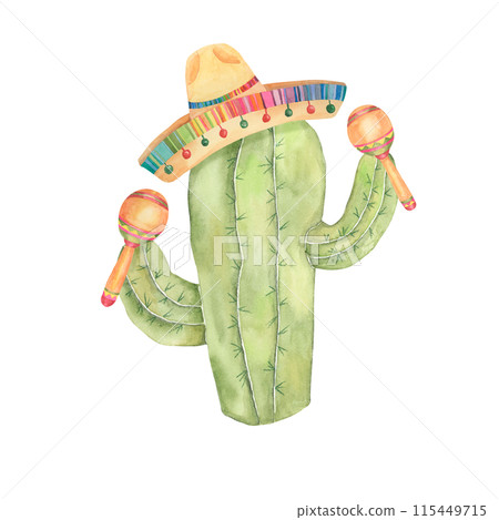 Cactus in sombrero with maracas. Watercolor illustration of succulent in straw hat with music instruments for Cinco de Mayo holiday Clipart for printing, packaging, design isolated on white background Cactus in sombrero with maracas. Watercolor illustration of succulent in straw hat with music instruments for Cinco de Mayo holiday Clipart for printing, packaging, design isolated on white background 115449715