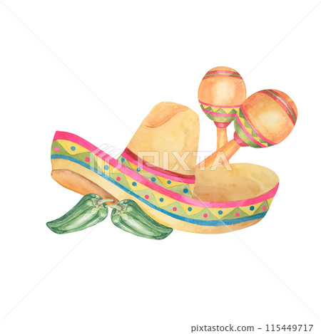Traditional Mexican sombrero in watercolor. Ethnic hat with maracas and jalapeno. Aquarelle clipart isolated on white background. Design for printing, postcards, Cinco de Mayo, tourism 115449717