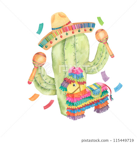 Cactus in sombrero with maracas and pinata. Watercolor illustration of succulent in straw hat with music instruments for Cinco de Mayo holiday. Clipart for printing, packaging, design isolated. Cactus in sombrero with maracas and pinata. Watercolor illustration of succulent in straw hat with music instruments for Cinco de Mayo holiday. Clipart for printing, packaging, design isolated. 115449719