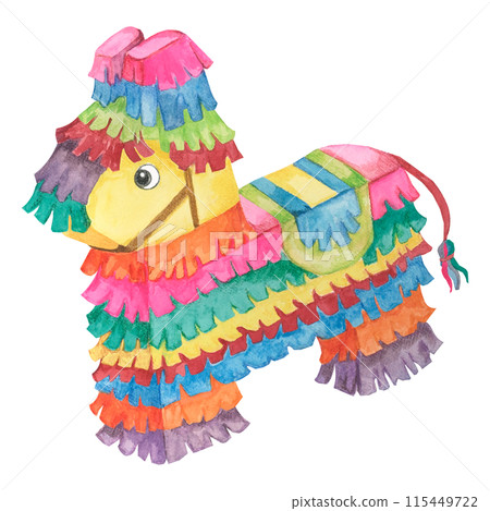Colorful paper pinata in watercolor. Bright traditional party object designed as donkey with candy. Aquarelle clipart isolated on white background. designs for cards, printing, cinco de mayo Colorful paper pinata in watercolor. Bright traditional party object designed as donkey with candy. Aquarelle clipart isolated on white background. designs for cards, printing, cinco de mayo 115449722