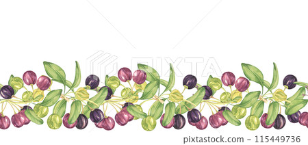 Seamless border of maqui berry and leaves in purple and green. Hand drawn watercolor illustration of Chilean wineberry cherry plant, Aristotelia chilensis for printing, food supplement, apparel, cards 115449736
