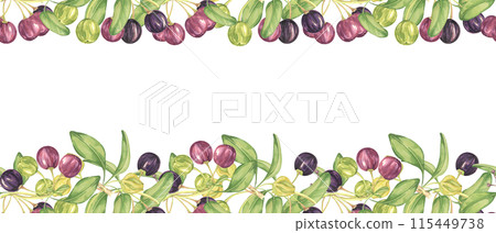 Seamless border of maqui berry and leaves in purple and green. Hand drawn watercolor illustration of Chilean wineberry cherry plant, Aristotelia chilensis for printing, food supplement, apparel, cards Seamless border of maqui berry and leaves in purple and green. Hand drawn watercolor illustration of Chilean wineberry cherry plant, Aristotelia chilensis for printing, food supplement, apparel, cards 115449738