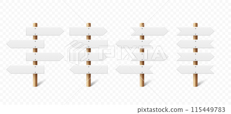 Realistic Sign Post Set. Realistic Blank Road Signboard. Plywood Pointer, Timber, Directional Sign Design Template, Front View. Vector Illustration in 3D Style 115449783