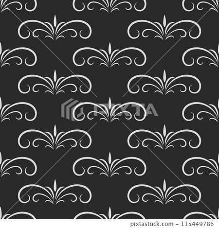 Seamless Pattern with Retro Ornamental Monochrome Decorative Scrolls, Swirls. Vector Illustration Seamless Pattern with Retro Ornamental Monochrome Decorative Scrolls, Swirls. Vector Illustration 115449786