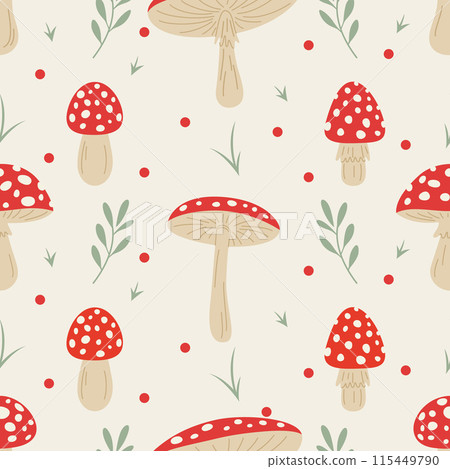 Vector Seamless Pattern with Hand Drawn Cartoon Fly Agaric Mushrooms. Amanita Muscaria, Fly Agaric Illustration, Mushrooms. Magic Mushroom Print, Design Template Vector Seamless Pattern with Hand Drawn Cartoon Fly Agaric Mushrooms. Amanita Muscaria, Fly Agaric Illustration, Mushrooms. Magic Mushroom Print, Design Template 115449790