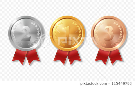 Vector Realistic Blank Golden, Silver, Bronze Award Medal Icon Set, Isolated. Design Template for Certificates, Awards. Front View Vector Realistic Blank Golden, Silver, Bronze Award Medal Icon Set, Isolated. Design Template for Certificates, Awards. Front View 115449793