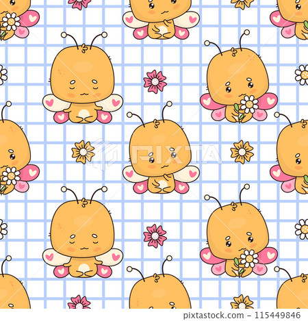 Seamless pattern with funny butterfly on checkered white background with flowers. Vector illustration. Cartoon insect kawaii character meditating in asana, cute with chamomile flower. Kids collection. Seamless pattern with funny butterfly on checkered white background with flowers. Vector illustration. Cartoon insect kawaii character meditating in asana, cute with chamomile flower. Kids collection. 115449846