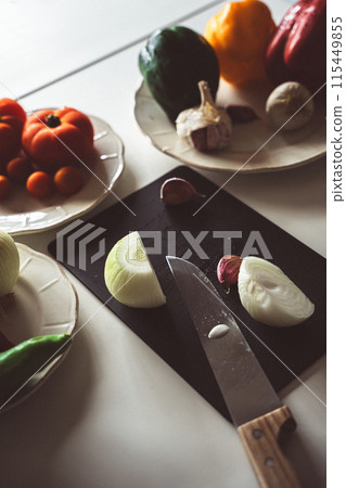 Vegetable ingredients in the kitchen Vegetable ingredients in the kitchen 115449855