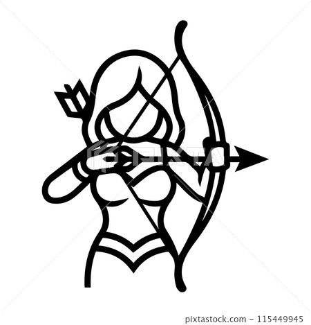Archer Woman logo or modern line icon. Vector line art and icon design with bold outline. Black and white Pixel Perfect minimalistic symbol isolate white background. Creative logotype Archer Woman logo or modern line icon. Vector line art and icon design with bold outline. Black and white Pixel Perfect minimalistic symbol isolate white background. Creative logotype 115449945