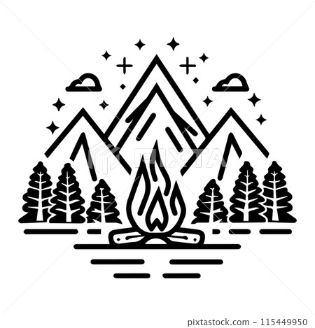 Survival Camping logo or modern line icon. Vector line art and icon design with bold outline. Black and white Pixel Perfect minimalistic symbol isolate white background. Creative logotype 115449950