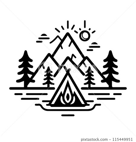Survival Camping logo or modern line icon. Vector line art and icon design with bold outline. Black and white Pixel Perfect minimalistic symbol isolate white background. Creative logotype 115449951