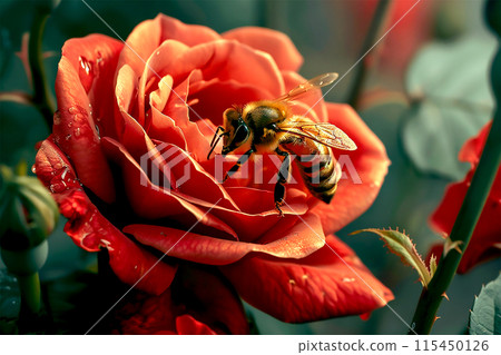 A bee pollinates a red rose A bee pollinates a red rose 115450126