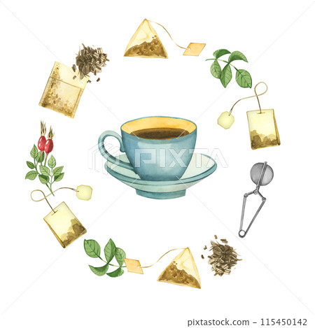 Watercolor illustration. Cup of tea drawn in blue watercolor, tea bags, tea leaves, tea strainer. All products are hand painted with watercolors. For printing on product packaging, menus. 115450142