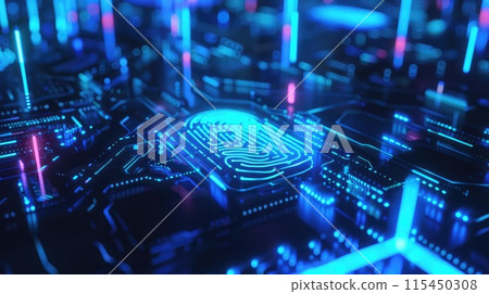 Secure interface with verified credentials and digital fingerprint scan, neon blue and black theme. Verified credentials 115450308