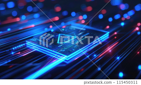 Sleek design virtual ID card featuring a verified symbol and glowing blue lines on dark background. Verified credentials 115450311