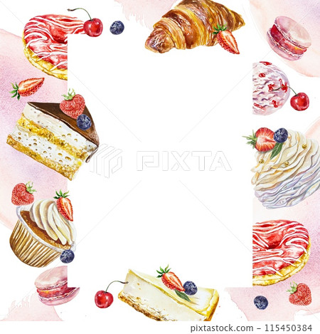 Cakes frame, template for menu. Donut, muffin, croissant, cheesecake, berries. Watercolor illustration on white background. Cards, posters, banners. 115450384