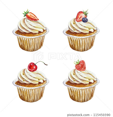 Muffins set. Hand drawn watercolor illustration isolated on white background. For birthday cards, invitations, menu, bakery, posters, banners, labels. 115450390