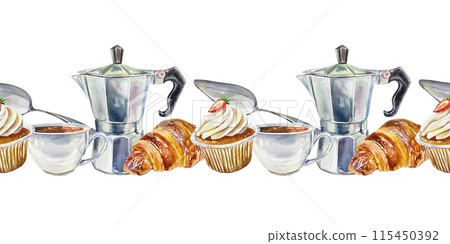Croissant, coffee maker, muffin, cup, seamless border. Watercolor illustration isolated on white background. Wrapping paper, tape, textiles, menus. Croissant, coffee maker, muffin, cup, seamless border. Watercolor illustration isolated on white background. Wrapping paper, tape, textiles, menus. 115450392