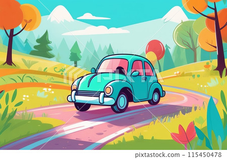 Vibrant illustrated blue car driving through a autumn scenic landscape 115450478