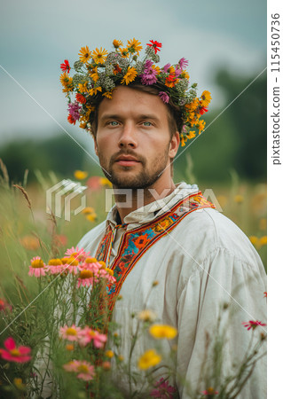 A man wearing a flower crown and a white shirt. Stock Illustration 115450736 PIXTA
