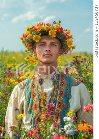 A man wearing a flower crown and a blue vest stands in a field of flowers A man wearing a flower crown and a blue vest stands in a field of flowers 115450737