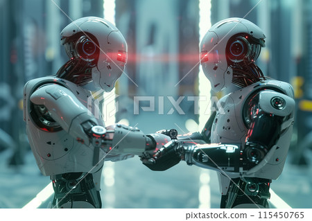 AI robots shaking hands, concept of artificial intelligence, technological advancement, future AI robots shaking hands, concept of artificial intelligence, technological advancement, future 115450765