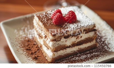 A close up of a dessert with raspberries on top, AI 115450766