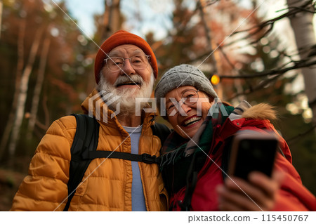 Senior tourist couple hiking and taking selfie at the beautiful autumnal forest. Generative AI 115450767