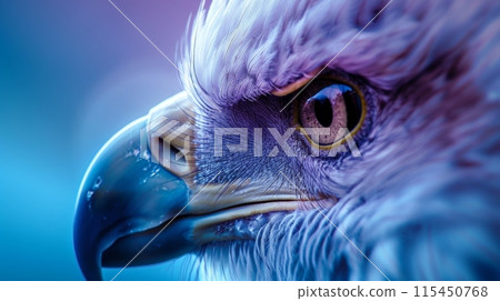 A close up of a bird's eye with purple and blue background, AI 115450768